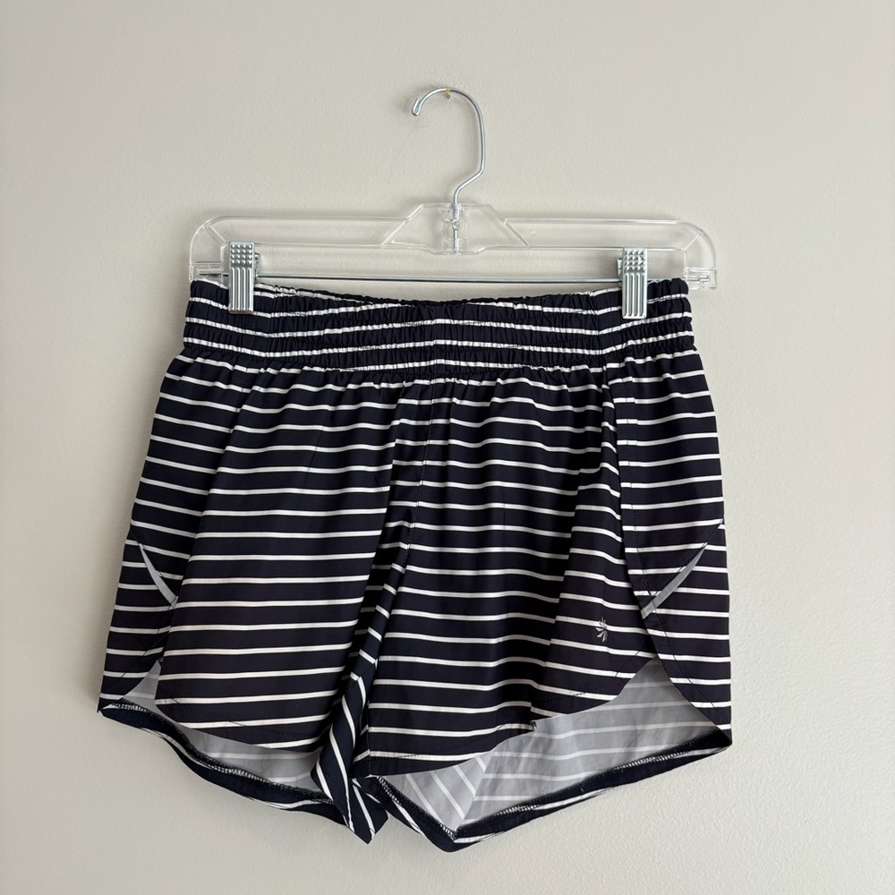Athleta Racer Run Black and White Striped Athletic Shorts